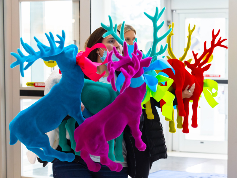 Reindeer in rainbow colors are carried into the state's only children's hospital by Friends of Children's Hospital executive director Caitlin Foreman and board member Janna Lampton. Melanie Thortis/ UMMC Communications 